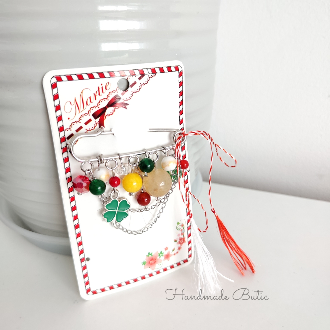 brosa martisor cu pietre naturale handmade butic trifoi verde